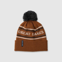 Load image into Gallery viewer, Beanie that is brown with blue pom that says Great Lakes
