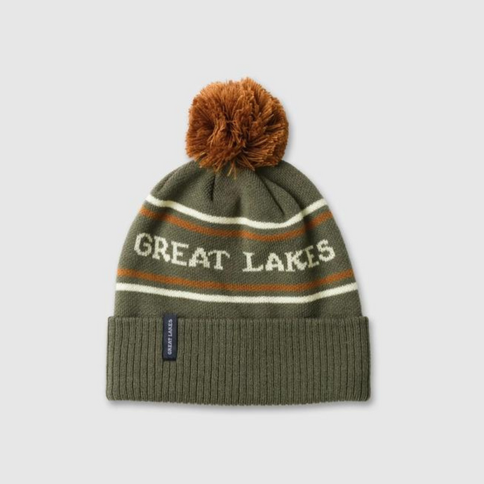 Beanie that is olive and brown that says Great Lakes
