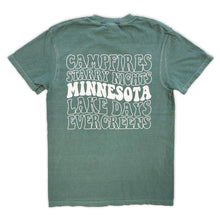 Load image into Gallery viewer, back of green t-shirt that says campfires, starry nights, minnesota, lake days, evergreens
