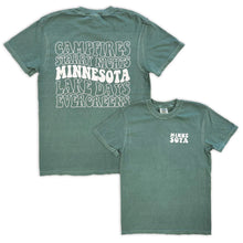 Load image into Gallery viewer, green front and back of tshirt that says campfires, starry nights, minnesota, lake days, evergreens
