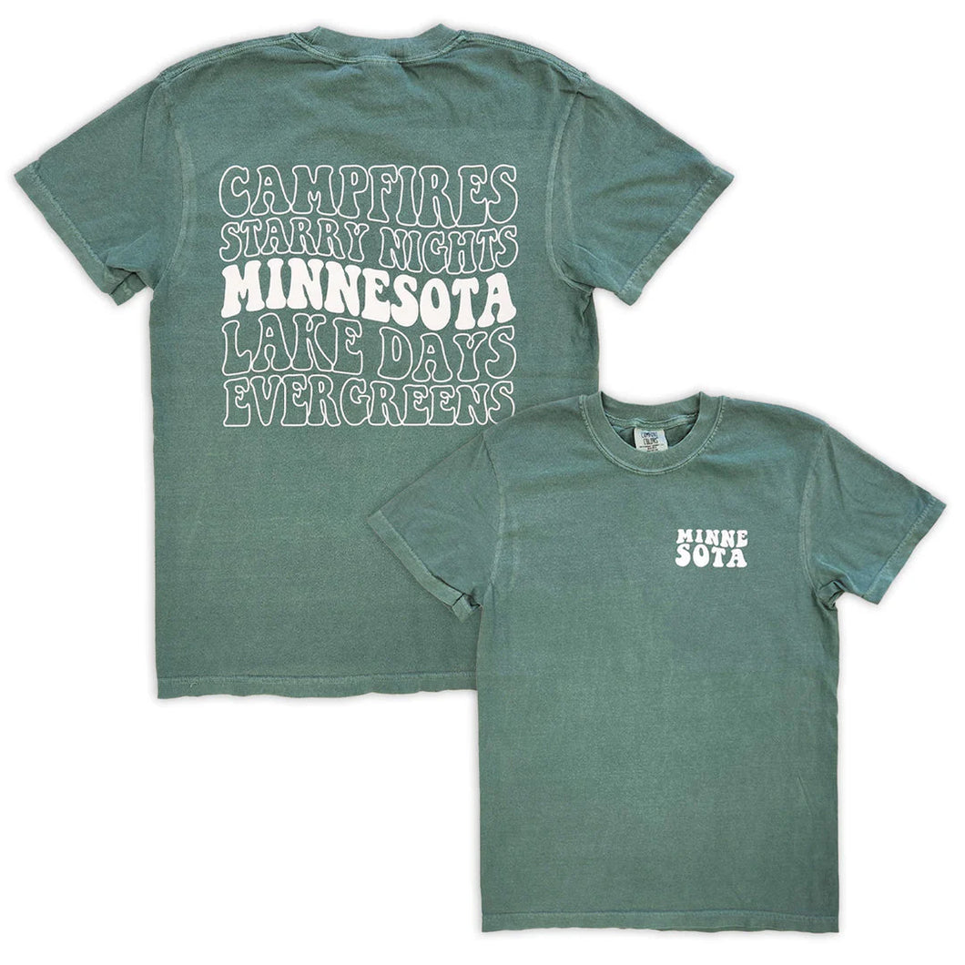 green front and back of tshirt that says campfires, starry nights, minnesota, lake days, evergreens