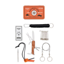Load image into Gallery viewer, Adventure outdoors survival kit. Shows all of the items that comes in the kit.

