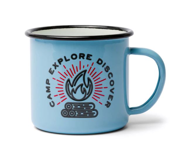 Camping mug that has a campfire and says Camp Explore Discover