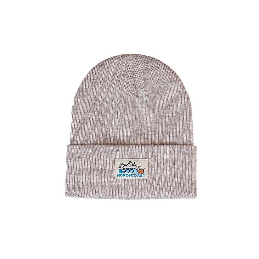 Oatmeal beanie with lake freighter and Lake Superior patch