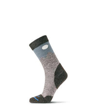 Load image into Gallery viewer, grey sock with olive toe and heal and mountain design
