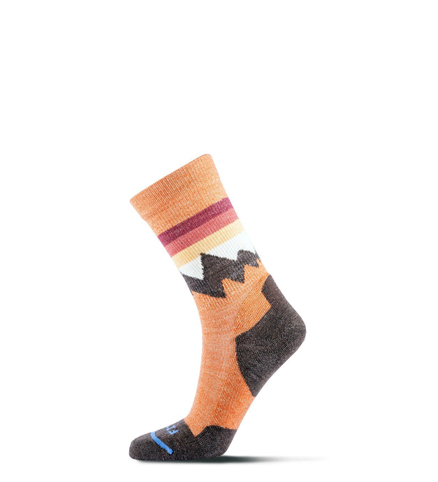 orange sock with mountain design and brown heel and toe
