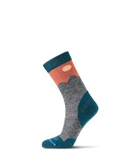 Load image into Gallery viewer, sock with mountain and sun and teal toe
