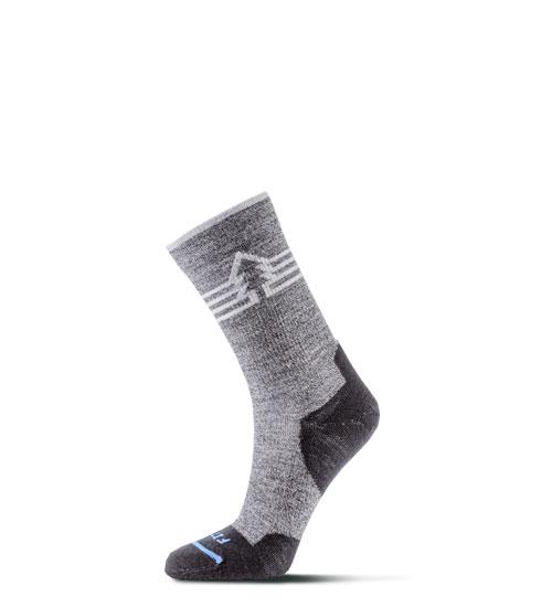 grey sock with white tree and 3 white lines