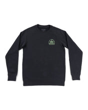 Load image into Gallery viewer, dark grey crewneck with small logo on upper left corner that says It&#39;s all good in the woods.
