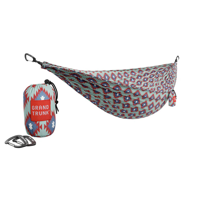 Grand Trunk double hammock in Vista print that is green with blue and red diamond design