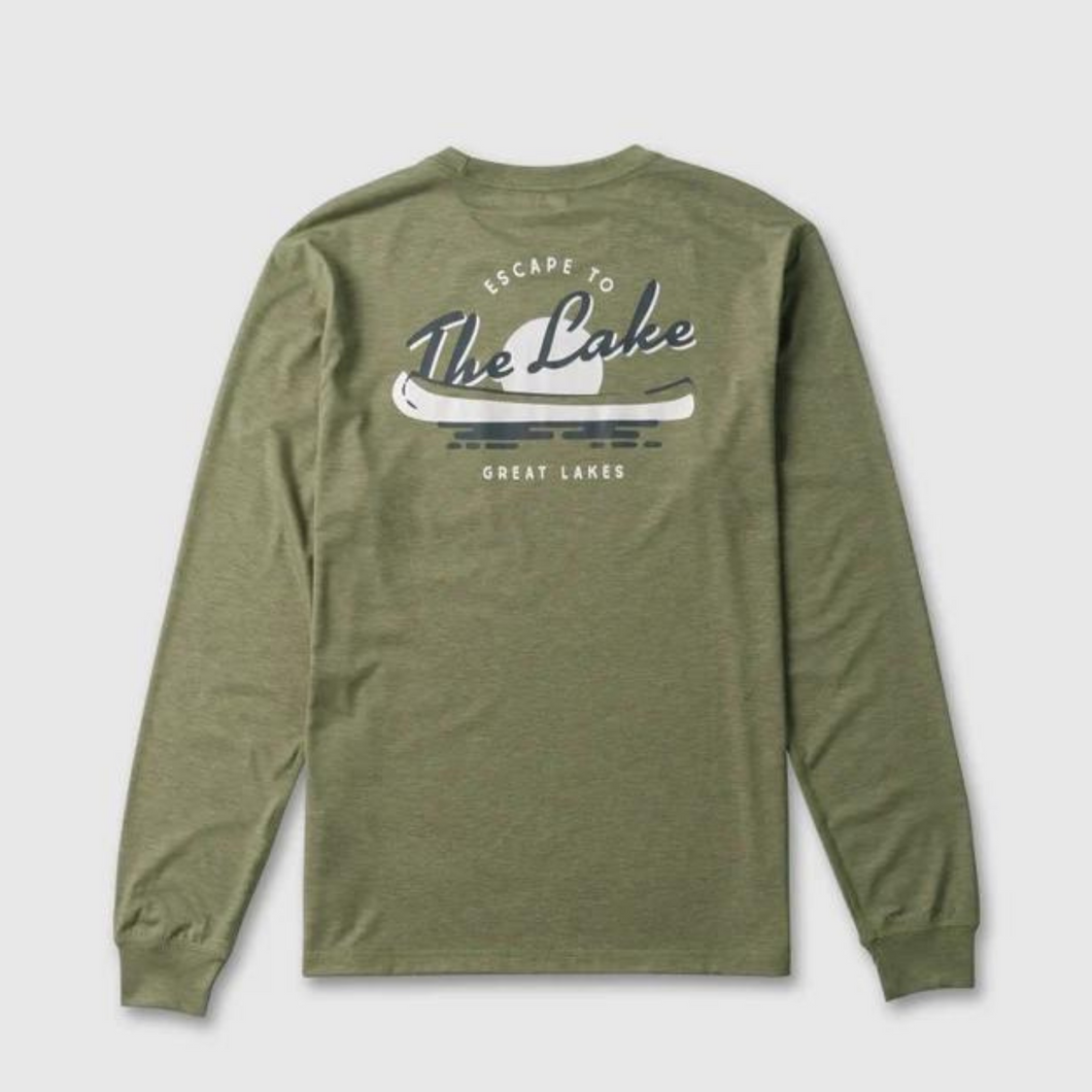 Green long sleeve that says Escape to the Lake with a canoe