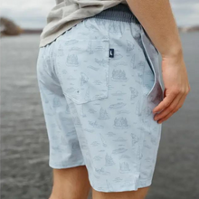 Load image into Gallery viewer, Back view of blue men&#39;s swim trunk with loon detail
