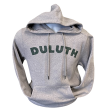 Load image into Gallery viewer, Grey sweatshirt with hood and pockets that says Duluth
