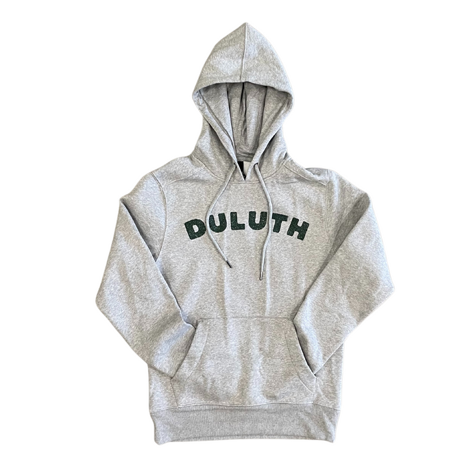 Grey sweatshirt with green writing that says Duluth