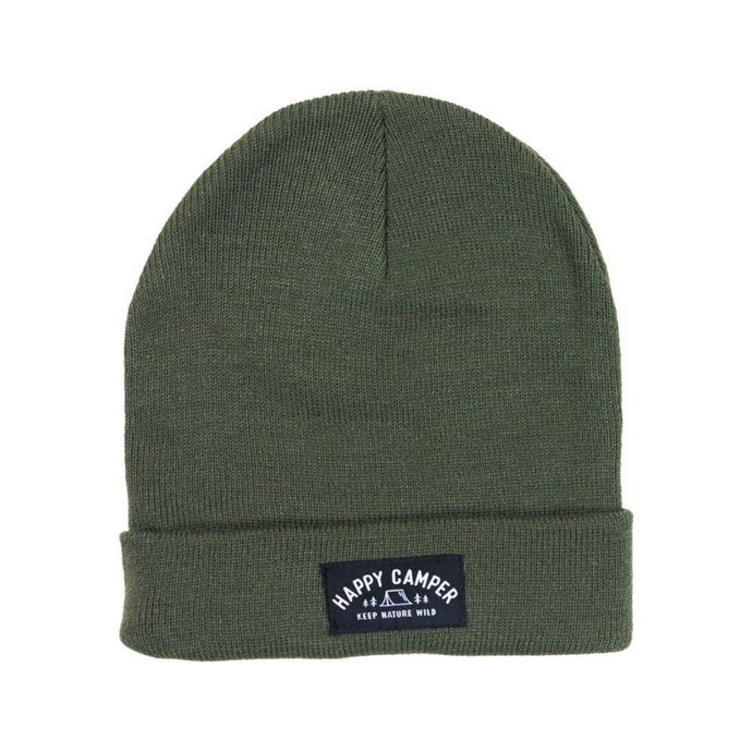 Olive beanie with a patch that says Happy Camper with a tent and trees