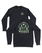 Load image into Gallery viewer, Dark grey crewneck with light green logo on the back that says It&#39;s all good in the woods with trees, moon, and tent
