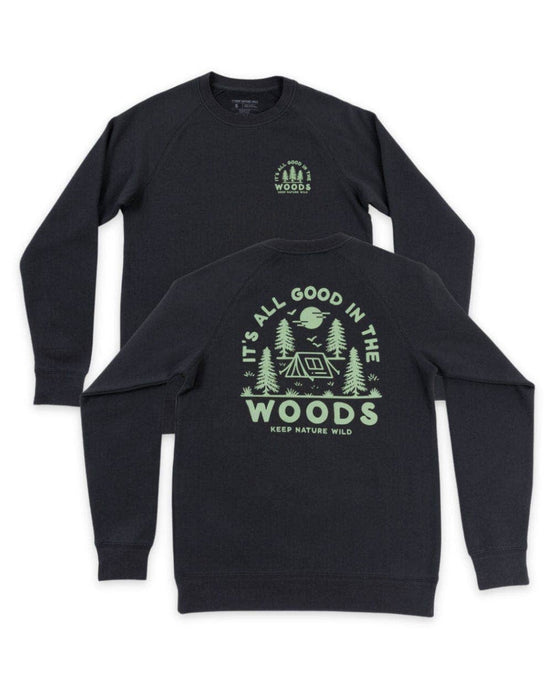 Dark grey crewneck with light green logo on the back that says It's all good in the woods with trees, moon, and tent