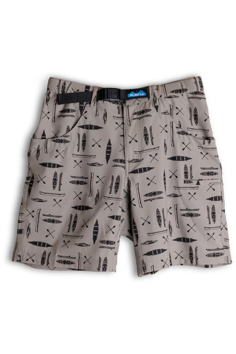 Kavu Chilli H20 hybrid shorts are tan with dark print of boats and paddles all over it