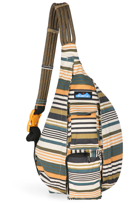 One-shoulder rope bag iwth teal, brown, and orange stripes