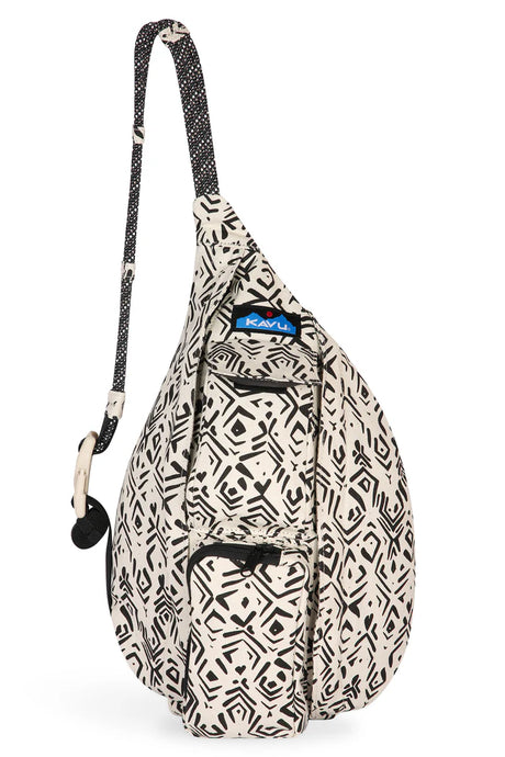 Kavu Surf Eddy mini rope bag is white with black geometric design