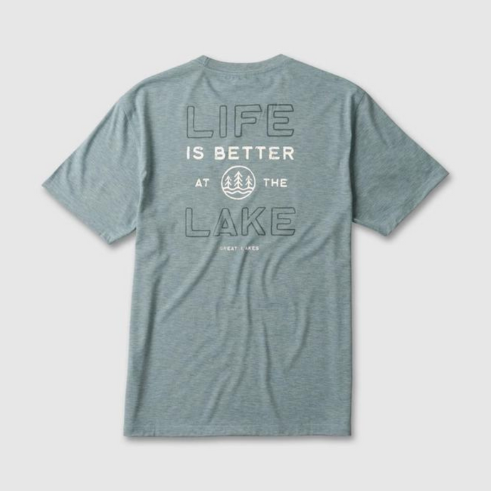 Seafoam back of shirt that says Life is better at the Lake. Great Lakes
