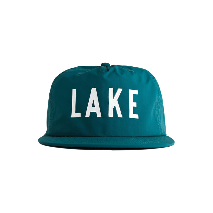 Teal hat that says LAKE on the front in white