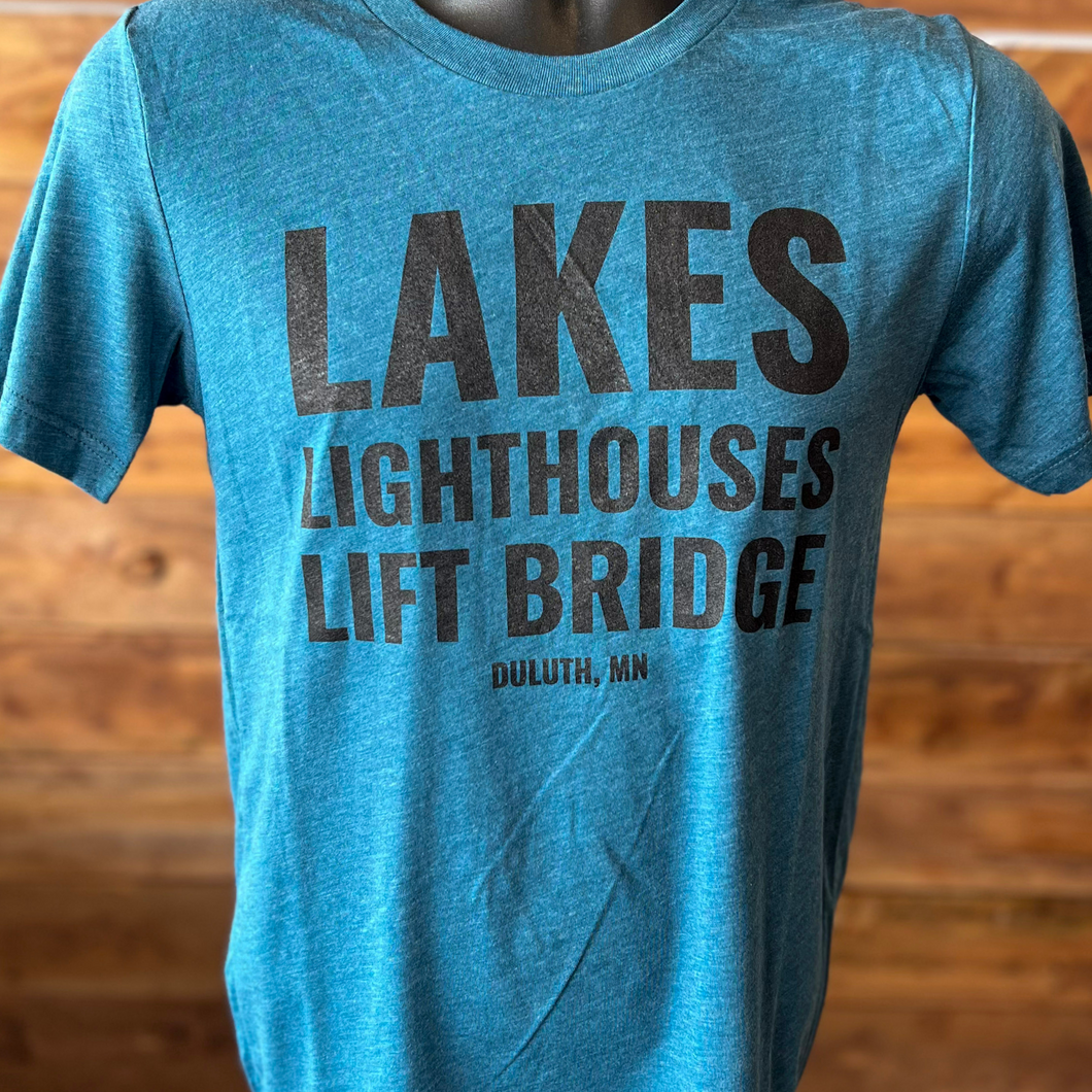 Lakes, Lighthouses, Lift Bridge Duluth, MN blue t-shirt with black lettering
