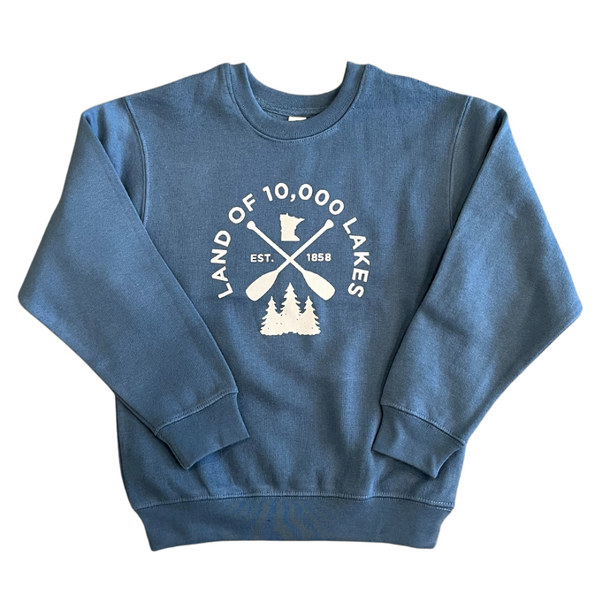 Blue youth crewneck with Minnesota cross paddles says land of 10,000 lakes