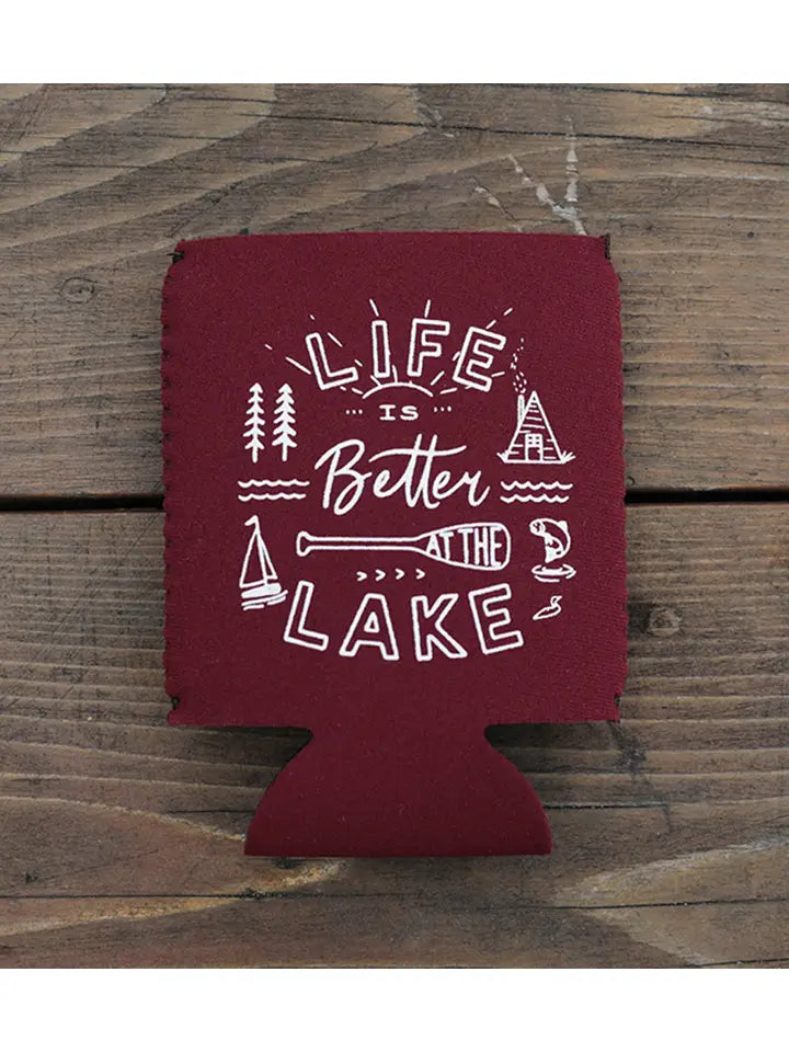 maroon koozie that says life is better at the lake