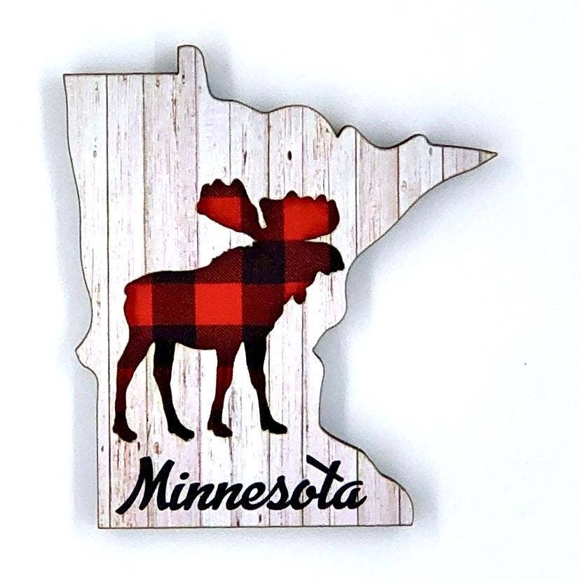 Minnesota shaped magnet with moose that is red and black plaid