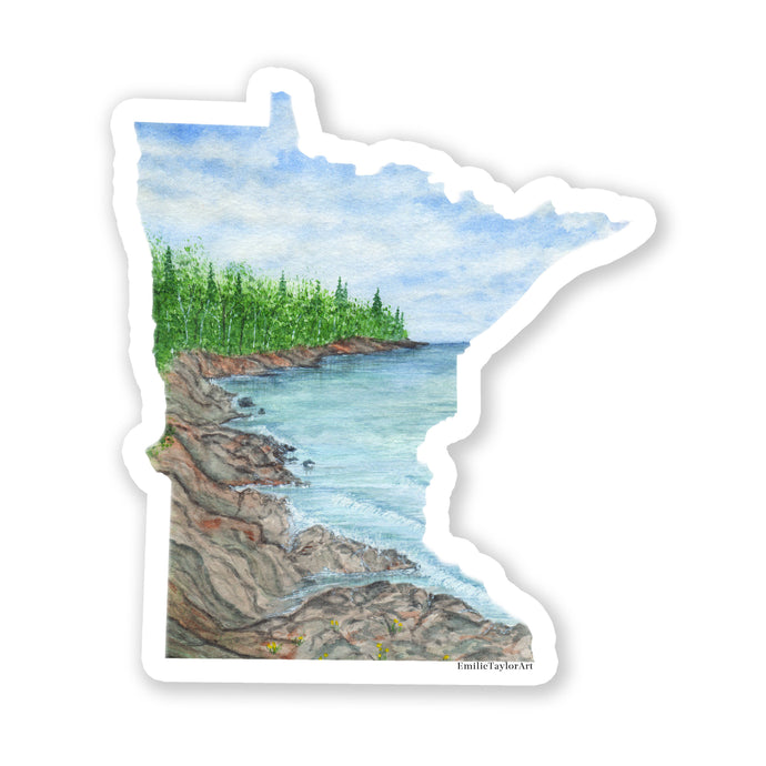 Minnesota shaped sticker with watercolor of North Shore on Lake Superior