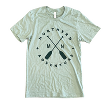 Load image into Gallery viewer, Heather sage t-shirt with Northern Adventure MN cross paddle design
