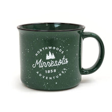 Load image into Gallery viewer, Green mug that says northwoods adventure, Minnesota, 1858 with trees
