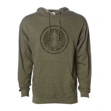 Load image into Gallery viewer, Olive hooded sweatshirt with topography background with tree inside of a circle
