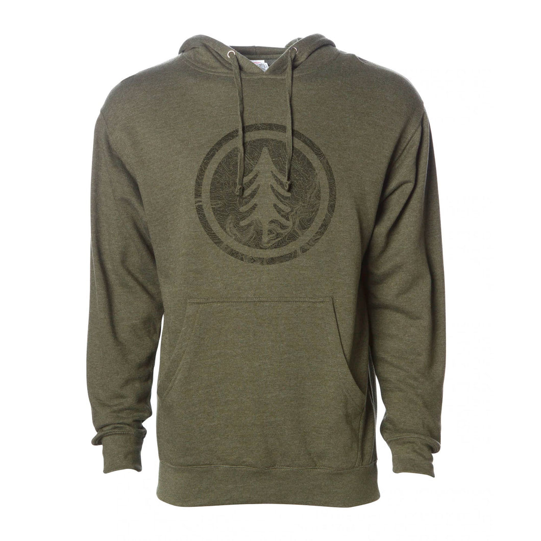 Olive hooded sweatshirt with topography background with tree inside of a circle