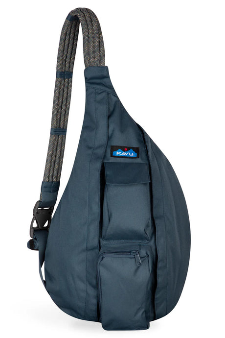 Navy blue one shoulder bag by Kavu where strap is made out of climbing rope. Cross-body and one shoulder