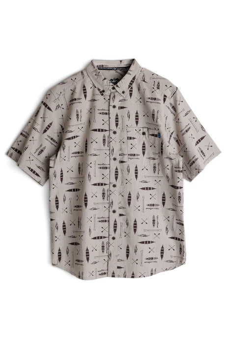 grey men's button up shirt with navy kayaks, canoes, and paddles