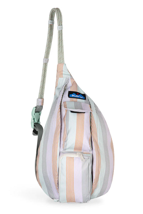 one shoulder mini rope sling bag with vertical stripes in teal, orange, purple, and gray