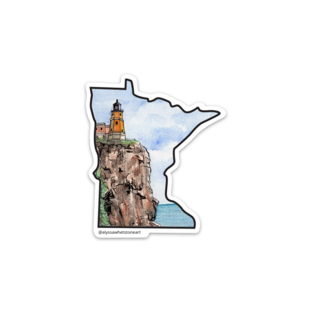 Minnesota shaped lighthouse with watercolor paining of  Split Rock Lighthouse