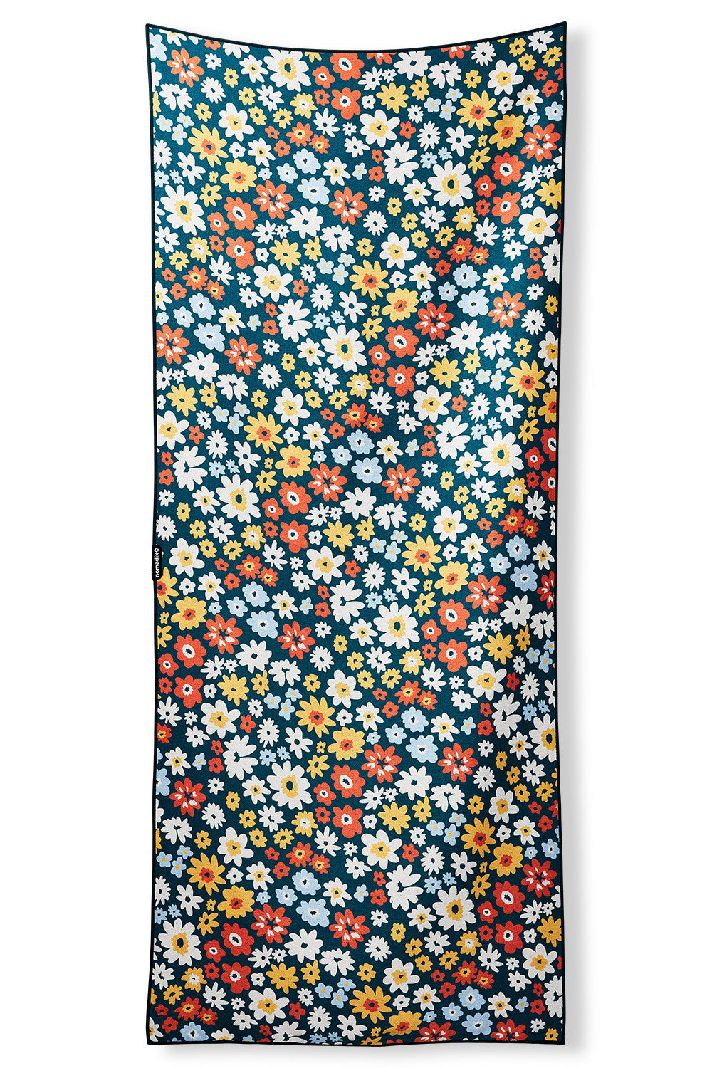 Quick dry towel that has a blue background and red, yellow, and white flowers on it