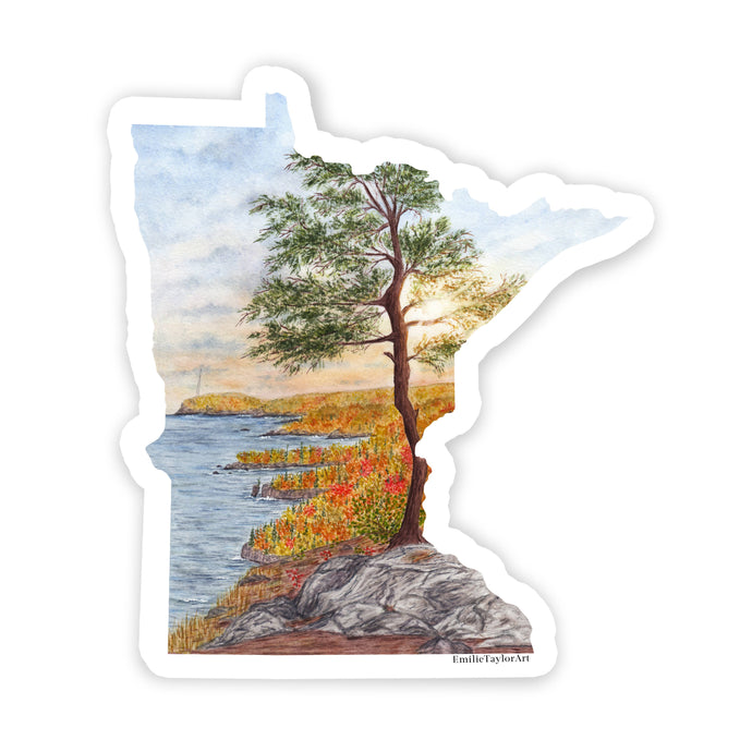 Minnesota shaped sticker with watercolor painting of Tettegouche State Park on the North Shore
