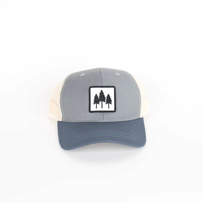 Hat with white mesh, grey front, and blue bill with patch that has three trees on it