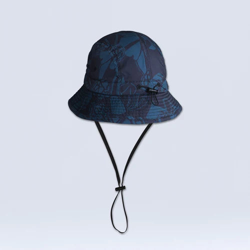 Wild Rye bucket hat in green and blue floral pattern with black under chin strap
