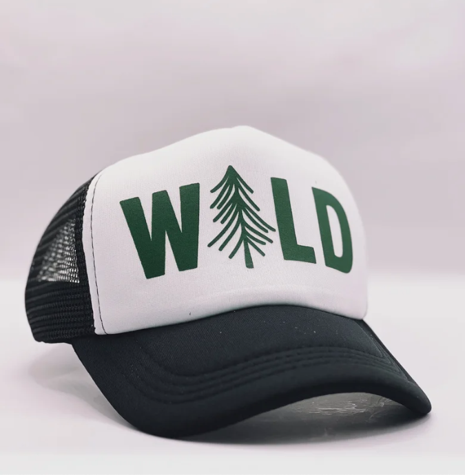 Foam hat with black bill and white front that says Wild with green writing and tree as the 'I'