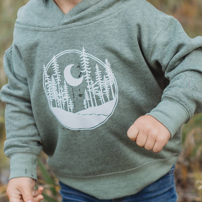 Youth green hooded sweatshirt with green circle and trees and moon