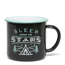 Load image into Gallery viewer, Sleep under the stars mug with trees and tent
