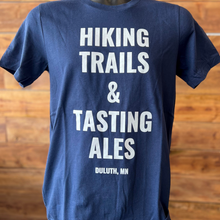 Load image into Gallery viewer, Hiking Trails and Tasting Ales Duluth, MN navy t-shirt
