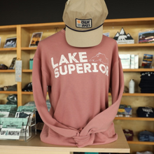 Load image into Gallery viewer, Lake Superior mauve crewneck with the Lake Superior outline
