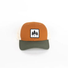 Load image into Gallery viewer, Rust and brown hat with patch with three trees on it
