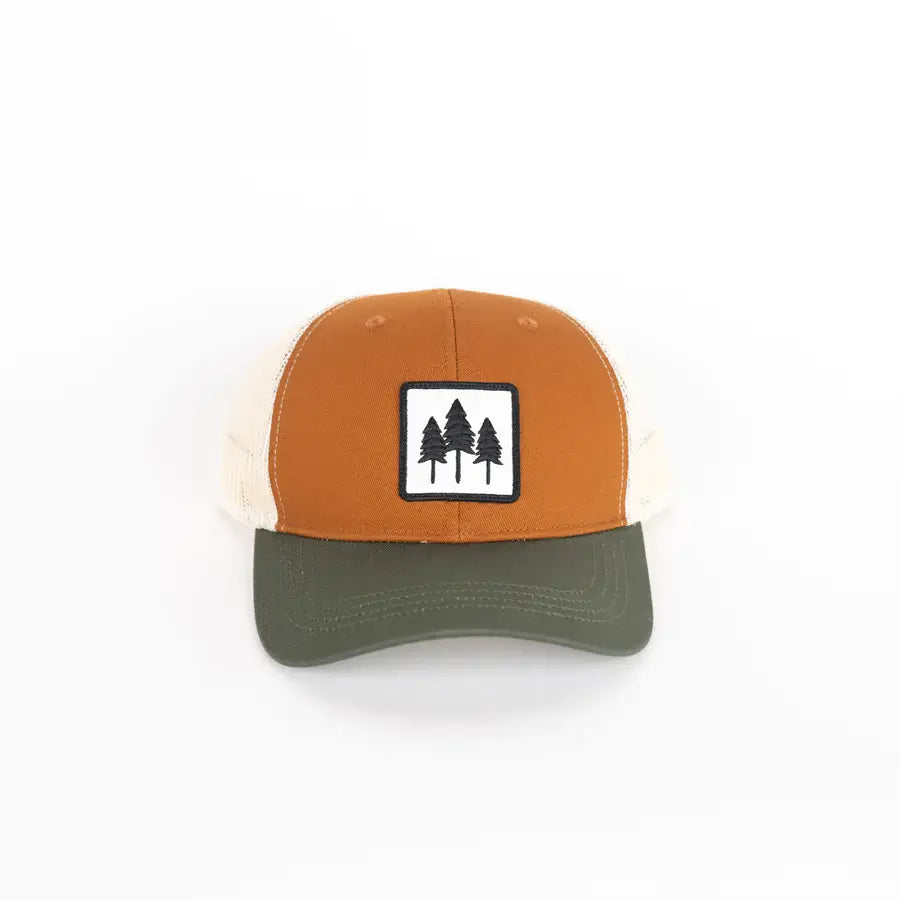 Rust and brown hat with patch with three trees on it